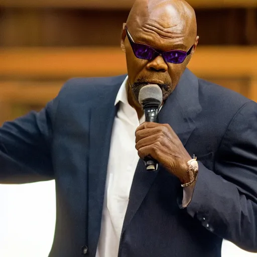 Image similar to a cinematic still of Samuel L. Jackson preaching at a Baptist Church in Rural Tennessee, portrait, shallow depth of field, close up