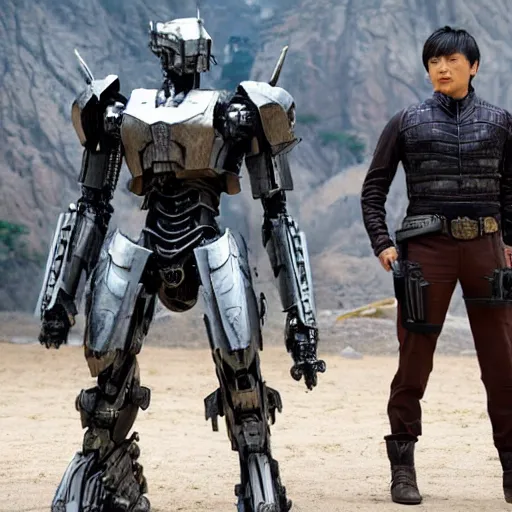 Image similar to cinematic still in westworld and real steel movie and pacific rim movie, one slim full body ornate armored core by fujioka kenki and by mamoru nagano, holding sci - fi rifle,