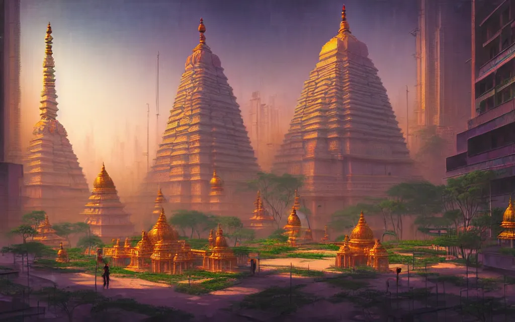 Image similar to cyberpunk indian temple, no people, city in background, drawn by feng zhu, sparse plants, dim painterly lighting volumetric aquatics, impasto