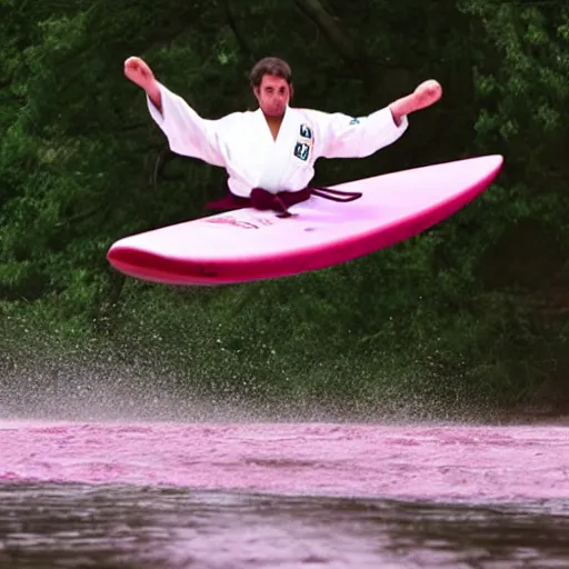 Image similar to a karate person in a karate outfit surfing on a river of pink fur