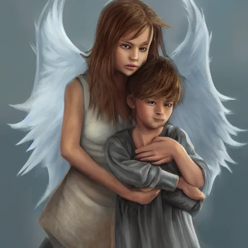 Image similar to Angel protecting child by Ben Evrard, very detailed, deviantart, artstation