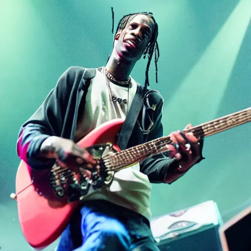 Prompt: Travis Scott playing on guitar at the stage, by studio Pixar,