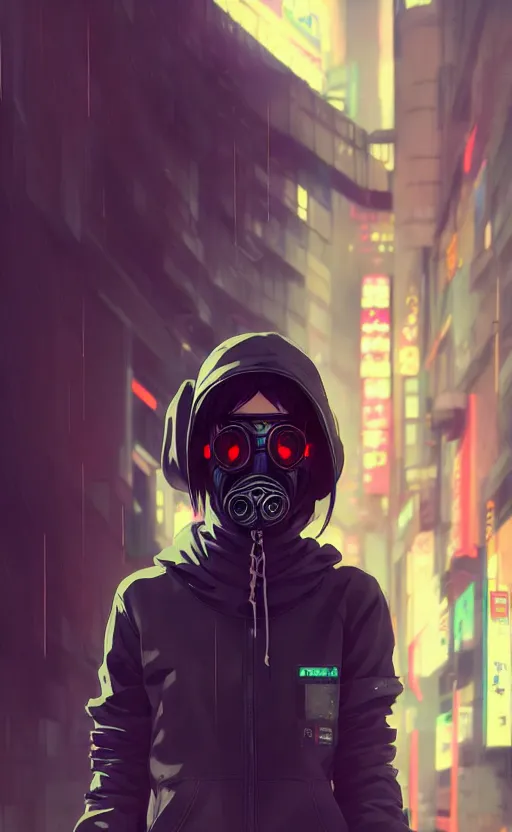 Image similar to cyberpunk anime girl in hoodie, cyberpunk gas mask, potrait, street night, grafity, beautiful face, grafity, arcane, action, tokyo street, detail, good face, pose model, concept art, in style of yoji shinkawa, pan ren wei, col price, atey ghailan, by greg rutkowski, aesthetic