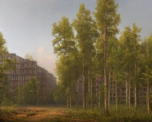 Image similar to beautiful matte painting of cute soviet block of flats hrushevka in end of forest by ivan shishkin