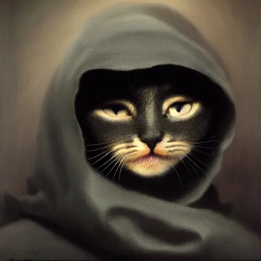 Image similar to a portrait of a kitten wearing a black hood, cloak covering face, anatomically correct, beautiful perfect face, enigmatic, oil painting, matte, black background, Volumetric dynamic lighting, Highly Detailed, Cinematic Lighting, Unreal Engine, 8k, HD, by Beksinski