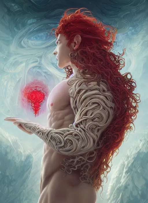 Image similar to cthonic resonance, red and white glowing fractals, genetically augmented pale white young man with long fluffy blond curly hair, fantasy, extremely detailed, digital painting, artstation, concept art, smooth, sharp focus, illustration, stunning lighting, art by artgerm and greg rutkowski and alphonse mucha and simon stalenhag, realistic character concept, high fantasy, dark atmosphere, golden ratio, cinematic lighting, hyperdetailed, high resolution, insanely detailed and intricate, artstation, Marc Simonetti, Greg Rutkowski, 8k