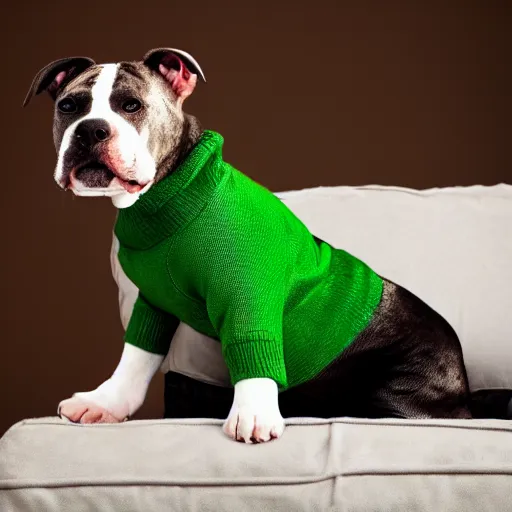 Image similar to American Staffordshire terrier sitting on a sofa wearing a green sweater, 8k, hdr