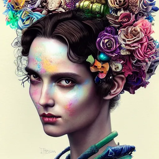 Image similar to Lofi biopunk portrait beautiful woman with short brown curly hair, roman face, unicorn, rainbow, floral, Tristan Eaton, Stanley Artgerm, Tom Bagshaw