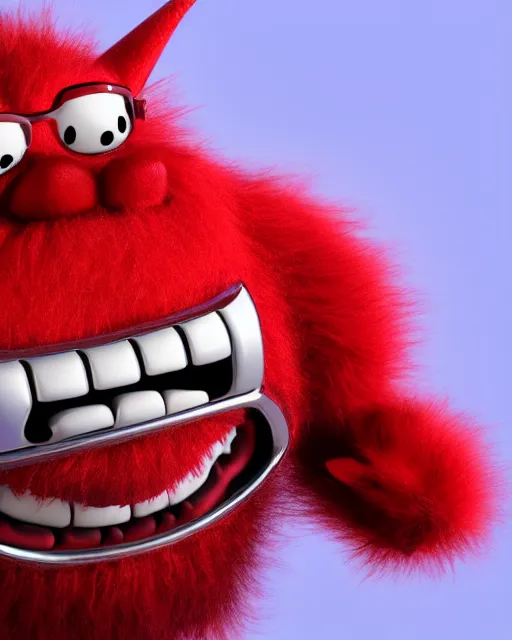 Image similar to 3 d render of red hairy friendly monster smiling wearing chrome shades, cartoony, white background, unreal engine 5