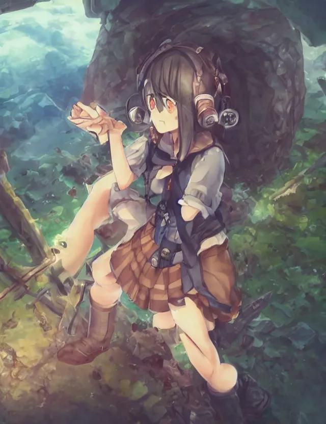 Prompt: scenic wide angle portrait of a girl in a coal mine, a cute outfit, somewhat of an anime in fantasy style, trending artwork, made with anime painter studio, by anato finstark, tony sart and an anime artist, collaboration