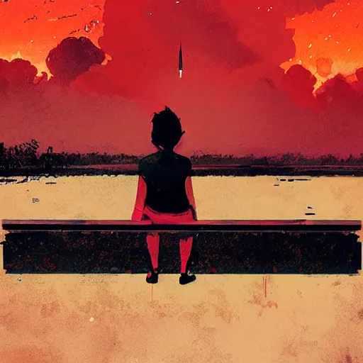 Prompt: girl sitting on a park bench, nuclear explosion in the background, nuclear bomb cloud, by conrad roset, by greg rutkowski, digital art