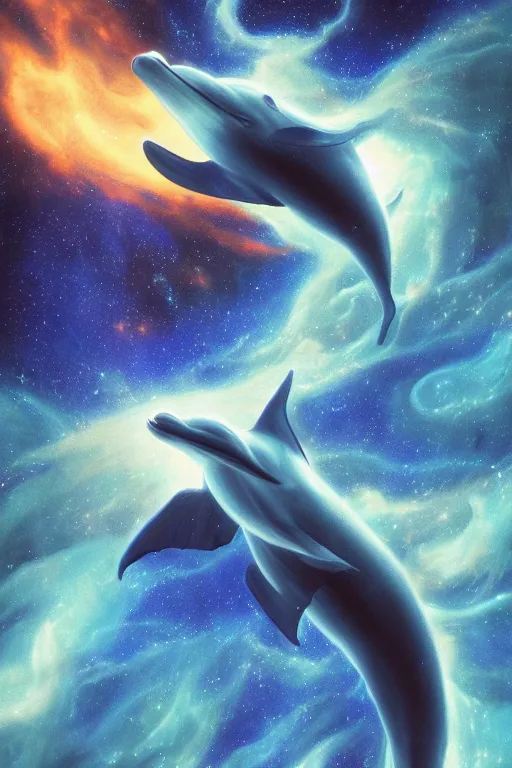 Image similar to Ethereal blue fire dolphin flying through a nebula, Sirius star system, star dust, cosmic, magical, shiny, glow,cosmos, galaxies, stars, outer space, stunning, by andreas rocha and john howe, and Martin Johnson Heade, featured on artstation, featured on behance, golden ratio, ultrawide angle, hyper detailed, photorealistic, epic composition, wide angle, f32, well composed, UE5, 8k