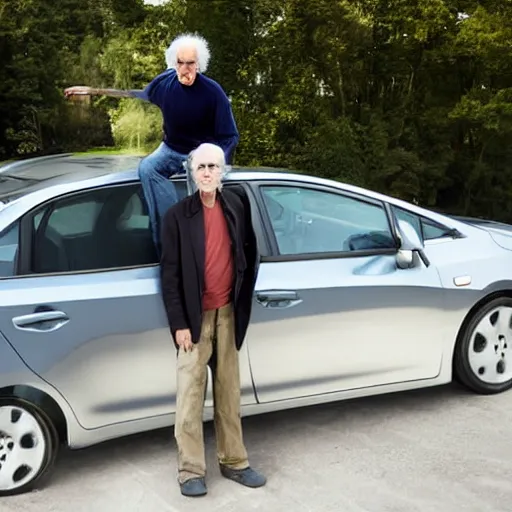 Image similar to larry david standing on roof of 2009 prius, in the style of andy worhol