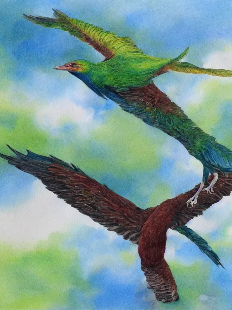 Image similar to A realistic painting of a Quetzal in flight, watercolour, pastel colours,