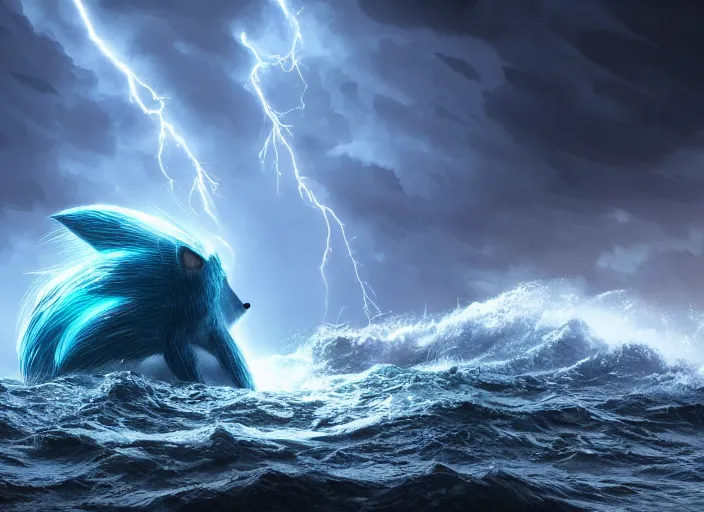 Image similar to wild ocean storm at night, a giant Sonic the Hedgehog emerging from water, dramatic lighting, cinematic, establishing shot, extremly high detail, foto realistic, cinematic lighting, post processed, concept art, artstation, matte painting, style by eddie mendoza, raphael lacoste, alex ross