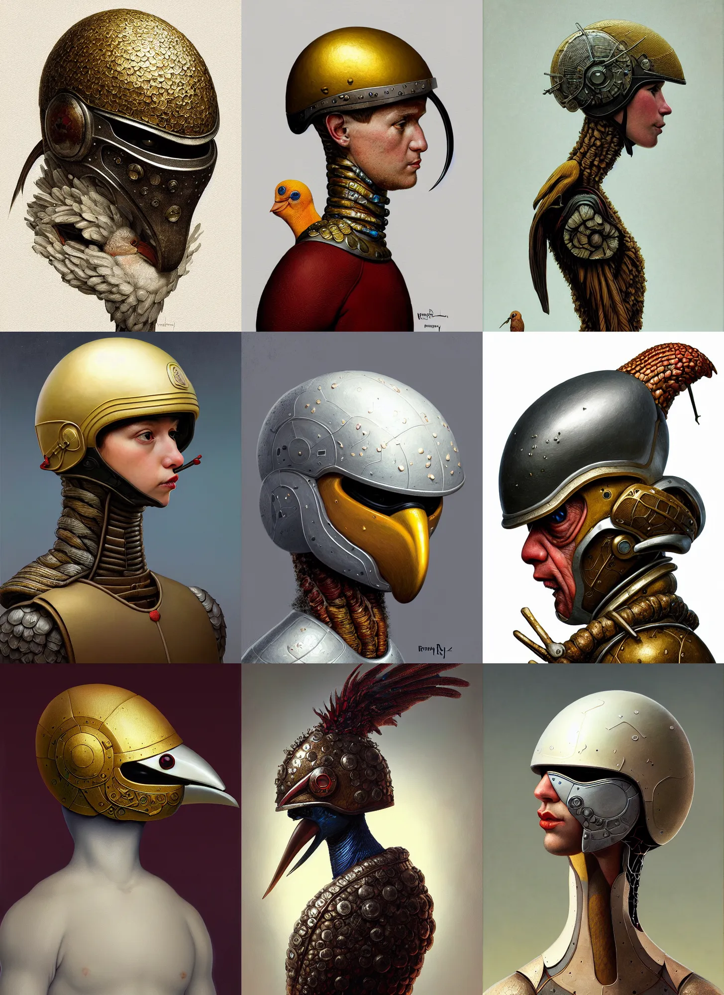 Prompt: rpg! profile! portrait of a fungus humanoid bird on white background, beak, helmet, intricate, highly detailed, digital painting, artstation, concept art, smooth, sharp focus, illustration, art by norman rockwell emiliano ponzi andrey remnev yoann lossel john currin aaron jasinski ivan albright hsiao - ron cheng, 8 k