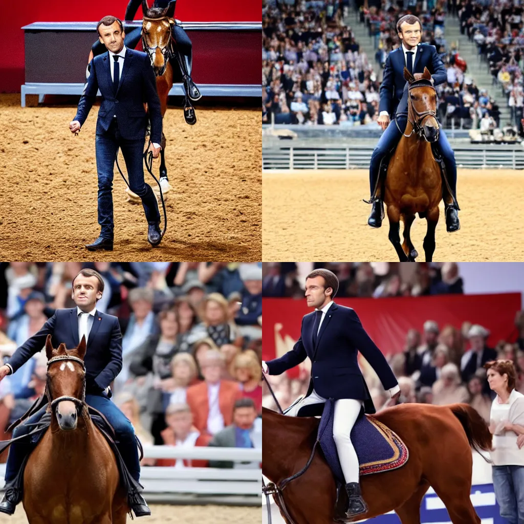 Prompt: Emmanuel Macron riding a horse in an arena, photo realistic