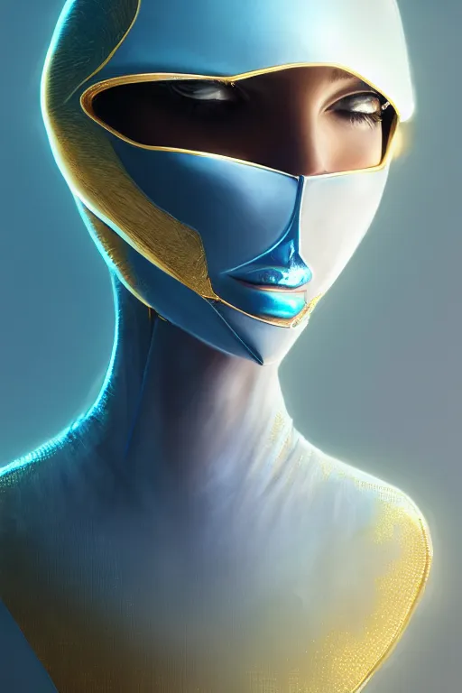 Image similar to detailed portrait glam cyber noun, attractive feminine curves, intricate, scifi, futuristic, elegant cape, elegant, alien room background, white, blue, gold, photorealism, trending on artstation, holy halo, advanced technology, art by moebius and vitaly bulgarov and chanthara