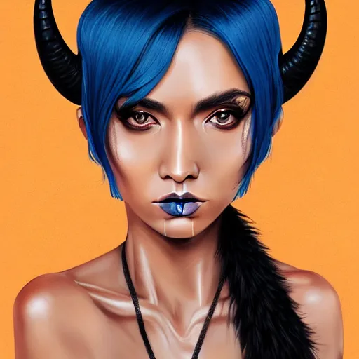 Image similar to illustrated realistic portrait of ram-horned devil woman with blue bob hairstyle and her tan colored skin and with solid black eyes wearing leather by rossdraws