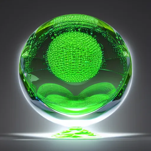 Prompt: A green futuristic crystal ball, 3d render, reflections, V-Ray