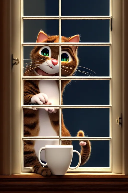 Image similar to beautiful cat holding one cup of coffee at house window. Pixar Disney 4K 3d render funny animation movie Oscar winning trending on ArtStation and Behance. Ratatouille style.