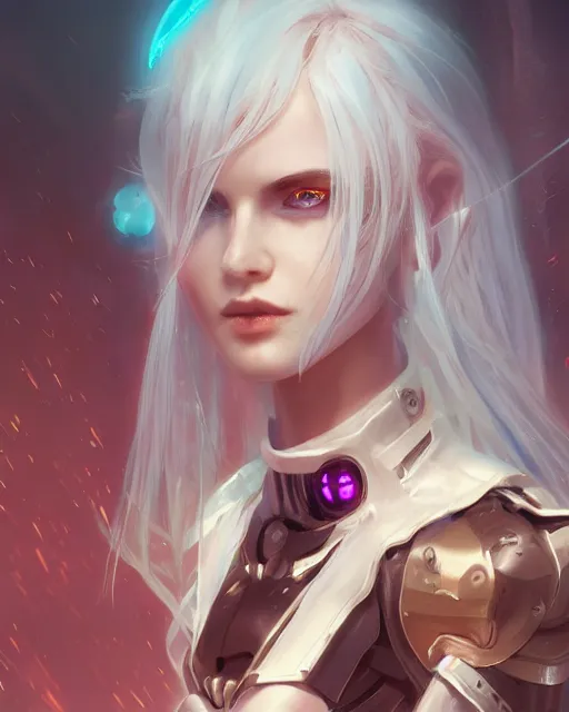 Image similar to holy cyborg necromancer girl, elegant, scifi, futuristic, utopia, garden, illustration, atmosphere, top lighting, blue eyes, white hair, focused, artstation, highly detailed, art by yuhong ding and chengwei pan and serafleur and ina wong