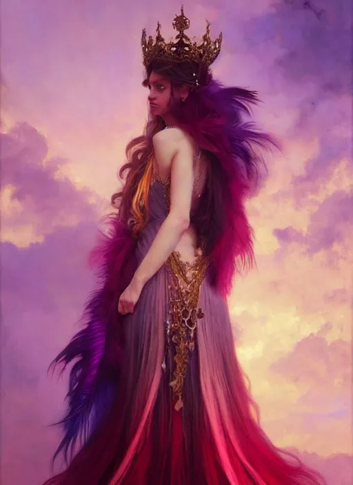 Prompt: ombre velvet gown, feathers, lovely queen, portrait, long hair, small crown, dozens of jeweled necklaces, feral languid woman, by greg rutkowski, anato finnstark, alphonse mucha, global illumination, radiant light