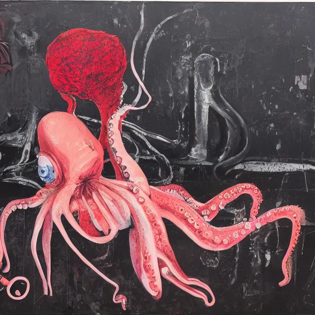 Prompt: empty room with black walls, a portrait of a female pathologist, an octopus, wilted flowers, squashed berries, neo - expressionism, surrealism, acrylic and spray paint and oilstick on canvas