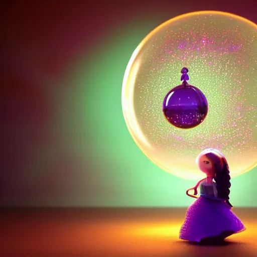 Image similar to cute fumo plush of a crystal ball girl swirling with mysterious energy, energy sphere, snow globe, vray, caustics and particle simulation, ominous purple glow