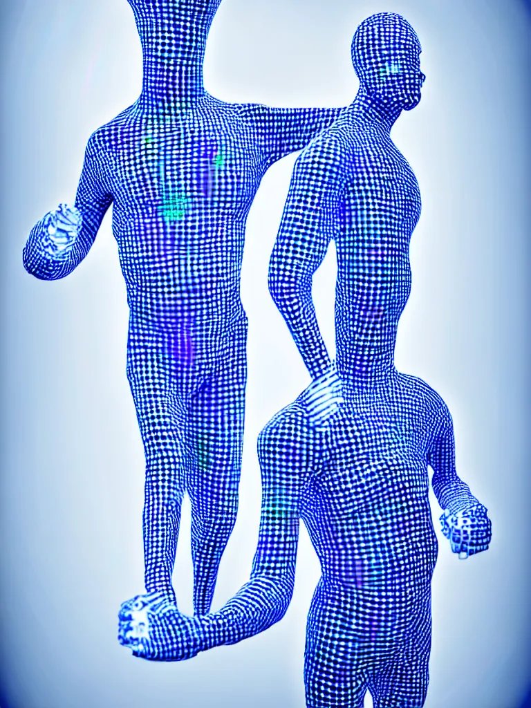 Prompt: a fine art photograph formal self sculpture by the artist kelbv, in realistic style with tubes neatly navigating the contours of his body, and disjoint body pumped full with blue and white gingham ellipsoids, perfect studio lighting.