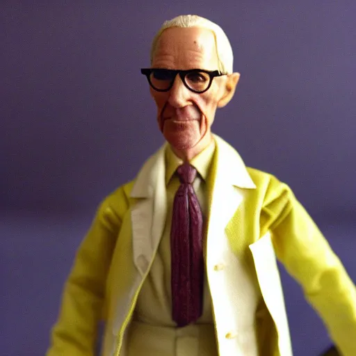 Prompt: an articulated 1980s style action figure of William S Burroughs dressed as an old timey doctor