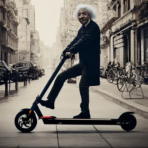 Image similar to Albert Einstein rides an electric scooter , moody, beautiful composition, hyper detailed, insane details , 8K