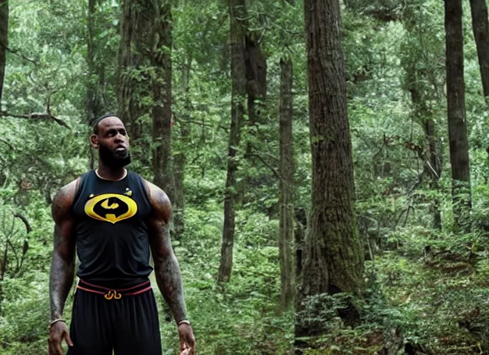 Image similar to lebron james doing yoga in the forest, film still in the new batman movie, 4 k