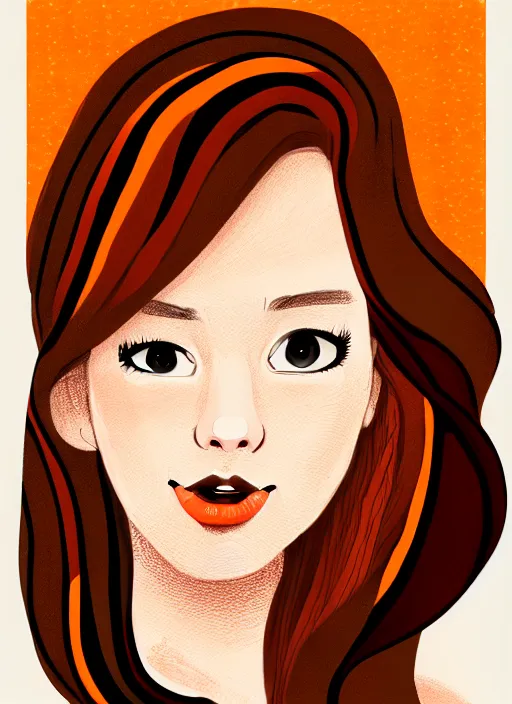 Prompt: colorful drawing of a young white woman with brown hair and scarlet lips, happy and cartoonish background, by tokenin, by glitchedpuppet, gradient orange, black, cream, brown and white color scheme, trending in artstation, award winning illustration