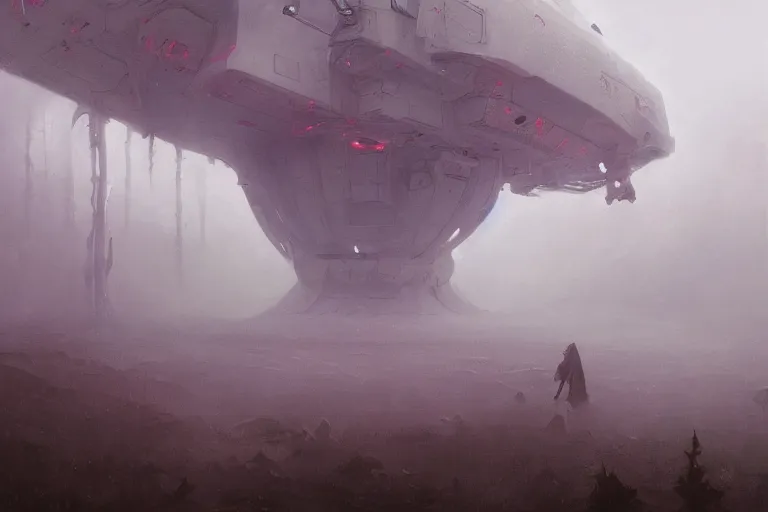 Prompt: jakub rosalski a magical animation from a video game of a spaceship hovering over a foggy snow covered landscape, by greg rutkowski and frank frazetta and peter mohrbacher and william blake and dan mumford, volumetric lighting, cinematic lighting, insanely detailed, intricate, artstation, cgsociety, painted by Simon Stalenhag, concept art, illustration, sharp focus