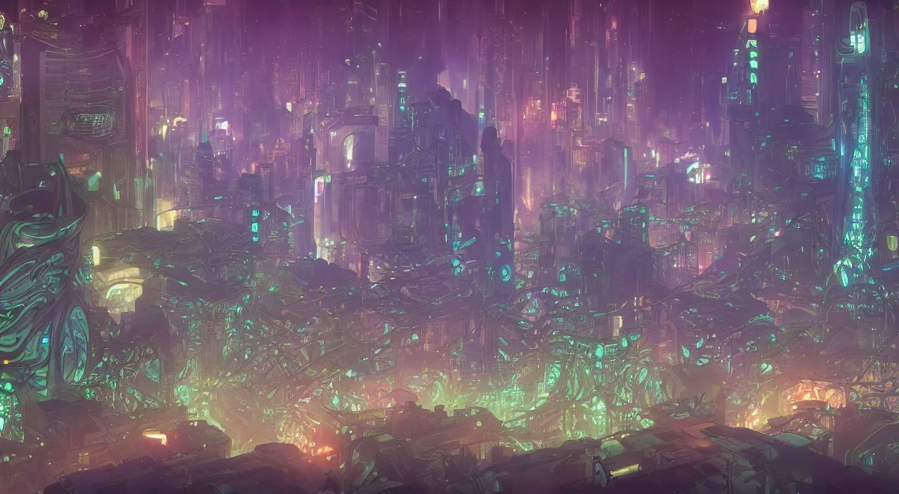 Prompt: a futuristic cityscape at night, with greenery, trees, flowers, neon lighting by Alfons Maria Mucha and Julie Dillon and Makoto Shinkai