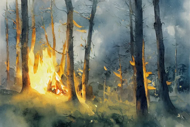 Image similar to small centered on white watercolor paper, paint brush strokes, abstract watercolor painting of scandinavian smoking bonfire, smoke, tree forest, nightfall sharp light, cinematic light, american romanticism by hans dahl, by jesper ejsing, by anders zorn, by greg rutkowski, by greg manchess, by tyler edlin