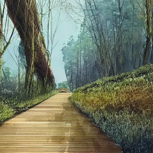 Image similar to Wooden footpath next to water in beautiful overgrown futuristic sci-fi city in harmony with nature. Nice colour scheme, soft warm colour. Beautiful detailed watercolor by Lurid. (2022)