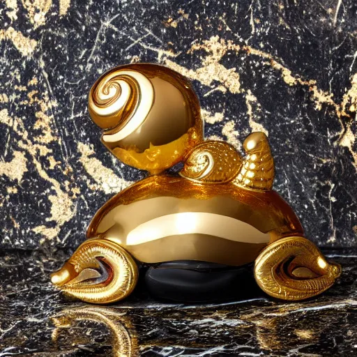 Prompt: a golden faberge snail on a black marble glossy pedestal