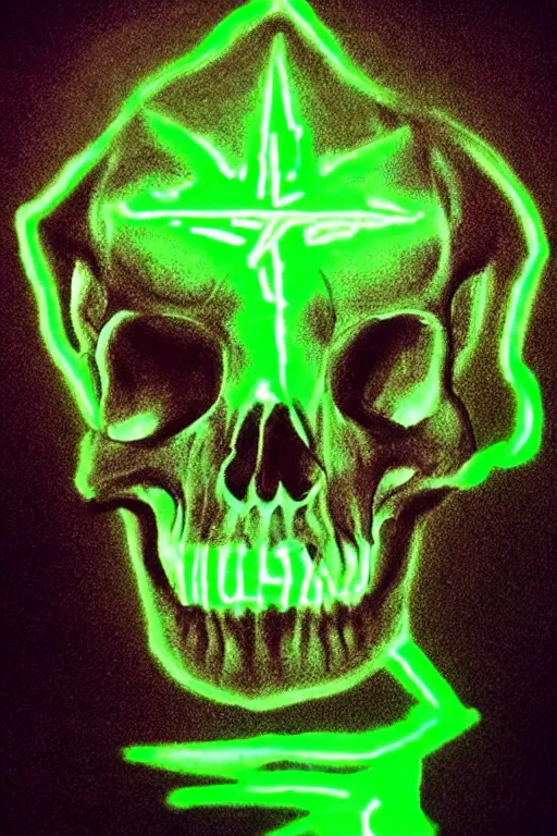 Image similar to photorealistic dark fantasy concept art of a glowing human skull with a green neon outline and a Pentagram etched into it's forehead, dynamic lighting, stunning visuals, realism, cinematic, hyper detailed, ultra detailed, beautiful visuals