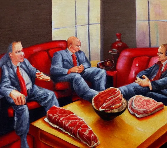 Image similar to oil painting of couch made out of meat, business men sitting and talking,