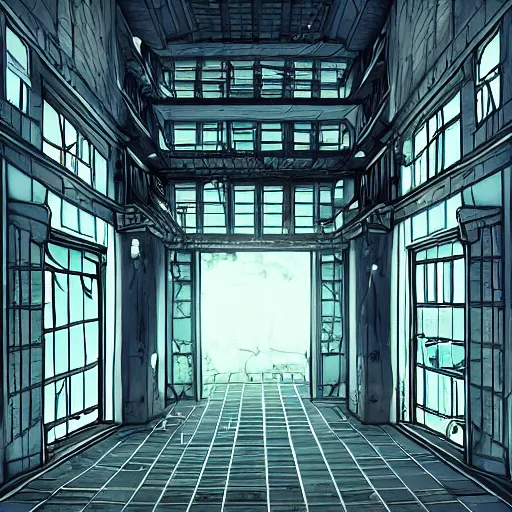 Image similar to “the inside of a huge white building with with many doors and stairs, confusing, creepy, mind bending, doors, strange dimensions, anime style, detailed background, very detailed”