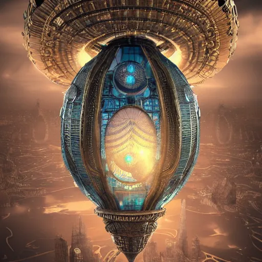 Image similar to enormous flying city in a faberge egg, sky, steampunk, fantasy art, octane render, intricate, intricate, intricate, intricate