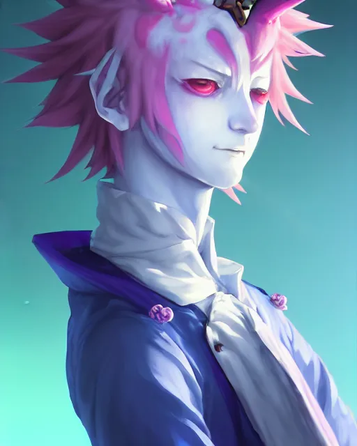 Prompt: extremely attractive soft feminine male as a jester anime character screenshot, nagito komaeda and hisoka jester, anime feminine male fool, intricate, sharp focus, illustration, highly detailed, digital painting, cell shaded, concept art, matte, art by ilya kuvshinov and kyoto animation and wlop, ruan jia, greg rutkowski, studio quality