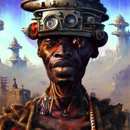 Prompt: a dogon priest activating a steampunk portal in a futuristic village by greg rutkowski and android jones, oil on canvas, synthwave