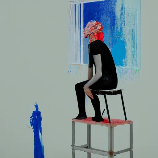 Prompt: portrait of a morphed gamer sitting on a stool looking into a mirror doing makeup by james jean and luc tuymans and beeple and hernan bas and pat steir and hilma af klint, psychological, 3 d, dripping paint, monochrome, high quality render, masterpiece