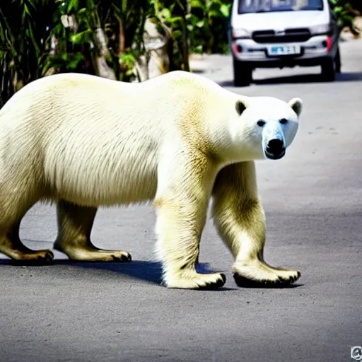 Prompt: a polar bear walking through the streets of rio de janeiro. photo. award - winning photography.