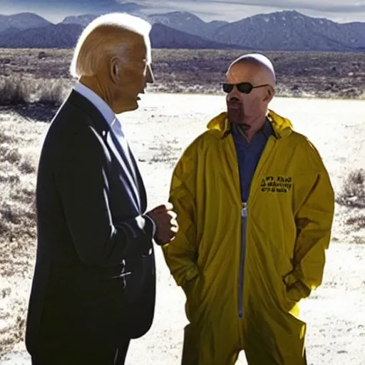 Prompt: “Very very photorealistic screenshot of Joe Biden and Walter White meeting in an episode of Breaking Bad, atmospheric lighting, award-winning”