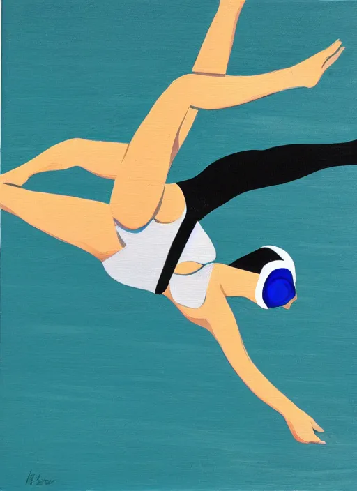 Prompt: acrylic painting on wood of a woman wearing a swimming cap diving from a high diving board into a pool. mid - drive. medium distance. teal, white, black and grayscale. simple. flat. vintage, mid - century modern.