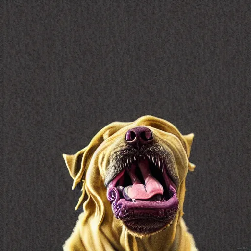 Image similar to a beautiful surreal dog smiling, highly detailed, liquid oilpaint, gustave dore, leonardo da vinci, trending on artstation, lucid and intricate, rectilinear, digital art, octane, redshift, vray, 8 k, 6 4 megapixels, zbrush central, behance hd, hypermaximalist, well rendered